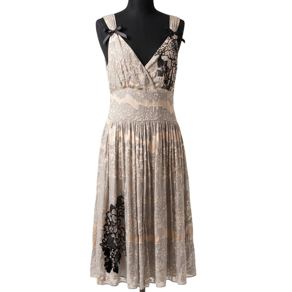 JOHNNY WAS For Love & Liberty Silk Devoré Midi Dress Grey Floral Lace XS Burnout